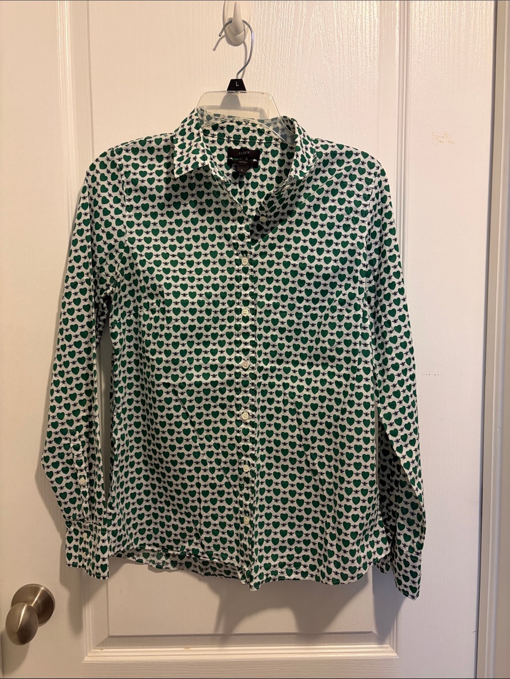 J. Crew White Button-Down Shirt with Green Heart Print